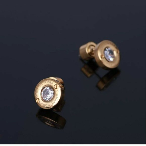 New Michael Kors Gold Crystal Pave Stud Earrings - Picture 12 of 14